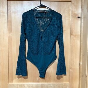 Elegant Teal Lace Bodysuit with Flared Sleeves